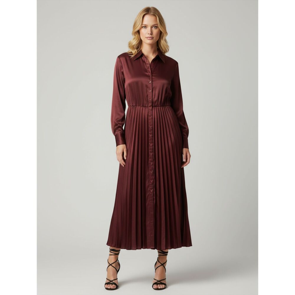 ELOQUII Maroon Satin Pleated Maxi Shirt Dress Autumn Wedding Guest Workwear 14